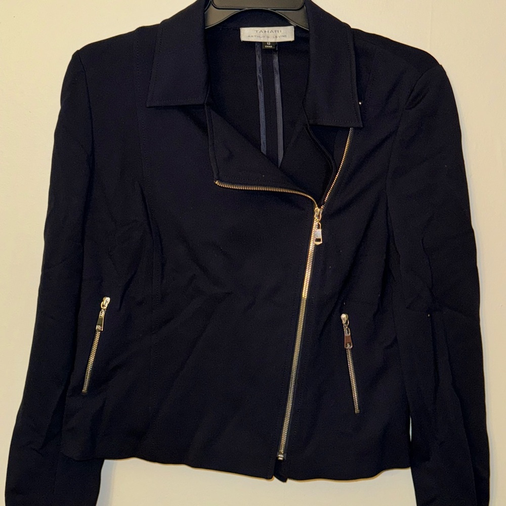 Tahari Black Leather Jacket with Gold Zippers